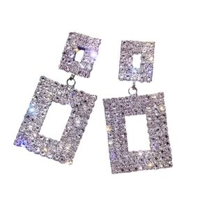 Glitter Rhinestone Geometric Square Silver Dangle Pierced Earrings